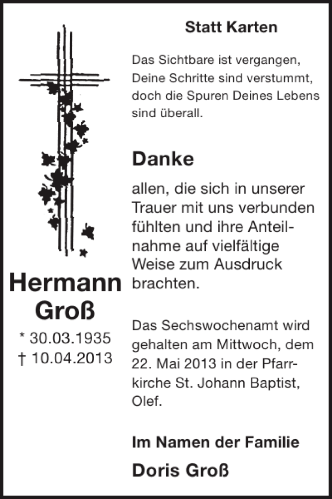  Traueranzeige für Hermann Groß vom 15.05.2013 aus WochenSpiegel