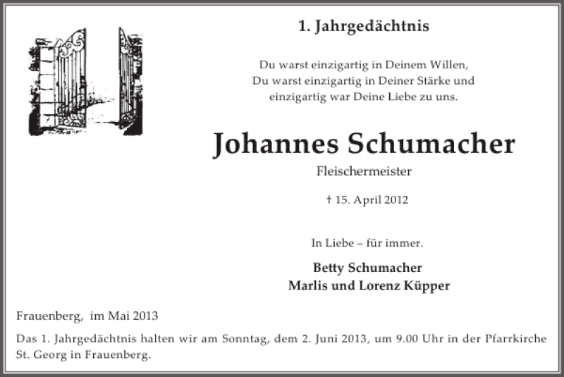  Traueranzeige für Johannes Schumacher vom 29.05.2013 aus WochenSpiegel