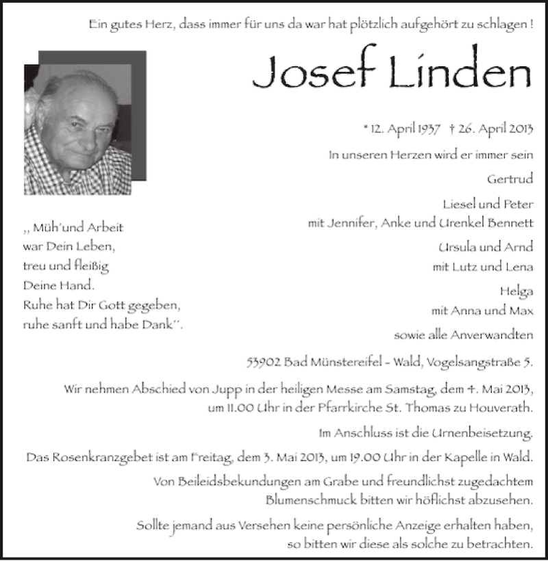  Traueranzeige für Josef Linden vom 01.05.2013 aus WochenSpiegel