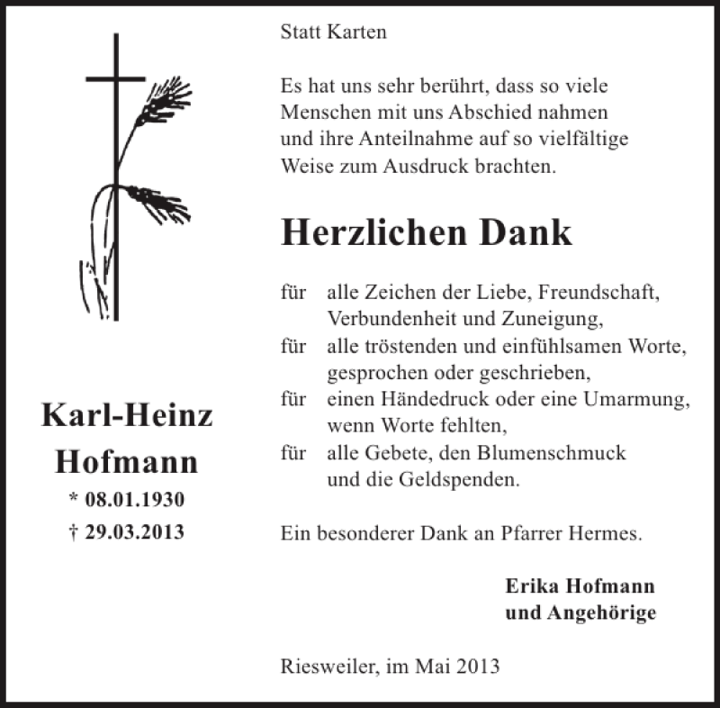 Traueranzeige für Karl-Heinz Hofmann vom 22.05.2013 aus WochenSpiegel