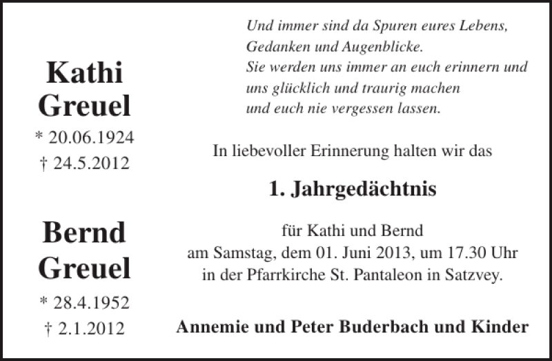  Traueranzeige für Kathi Greuel Bernd Greuel vom 29.05.2013 aus WochenSpiegel