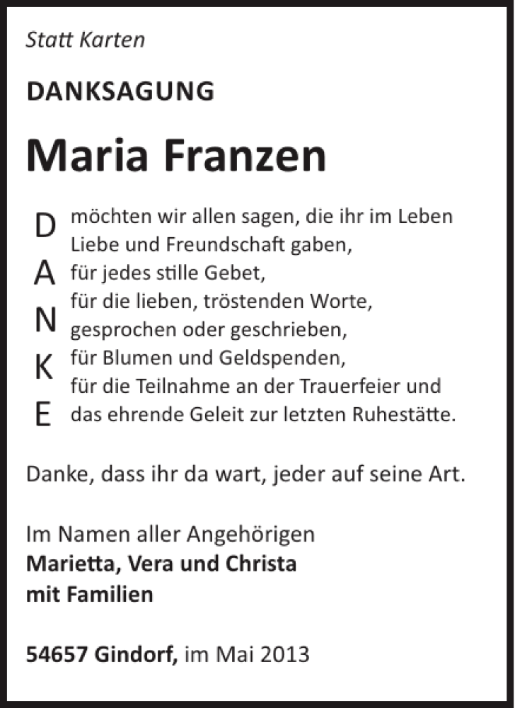  Traueranzeige für Maria Franzen vom 22.05.2013 aus WochenSpiegel