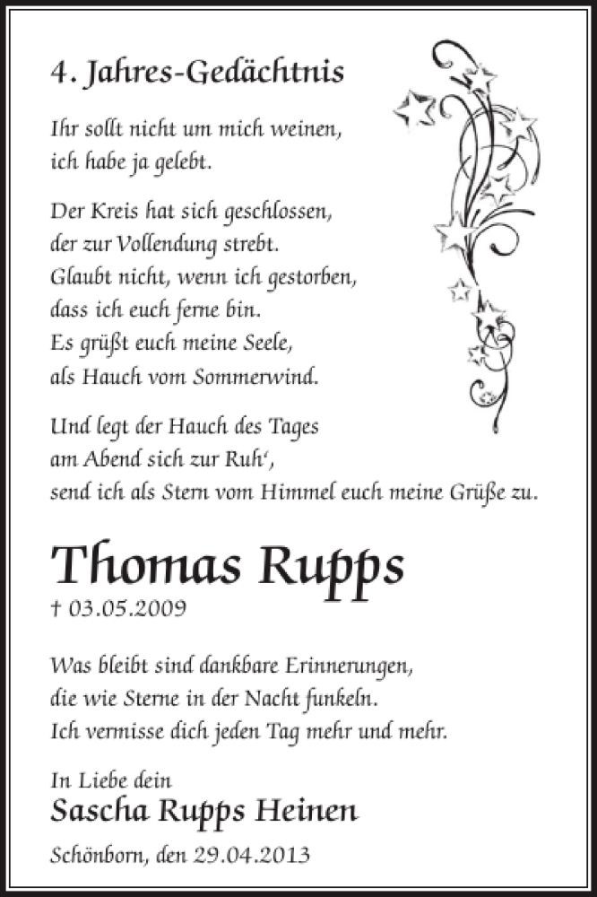  Traueranzeige für Thomas Rupps vom 15.05.2013 aus WochenSpiegel