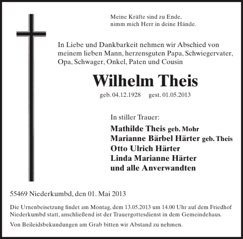  Traueranzeige für Wilhelm Theis vom 08.05.2013 aus WochenSpiegel