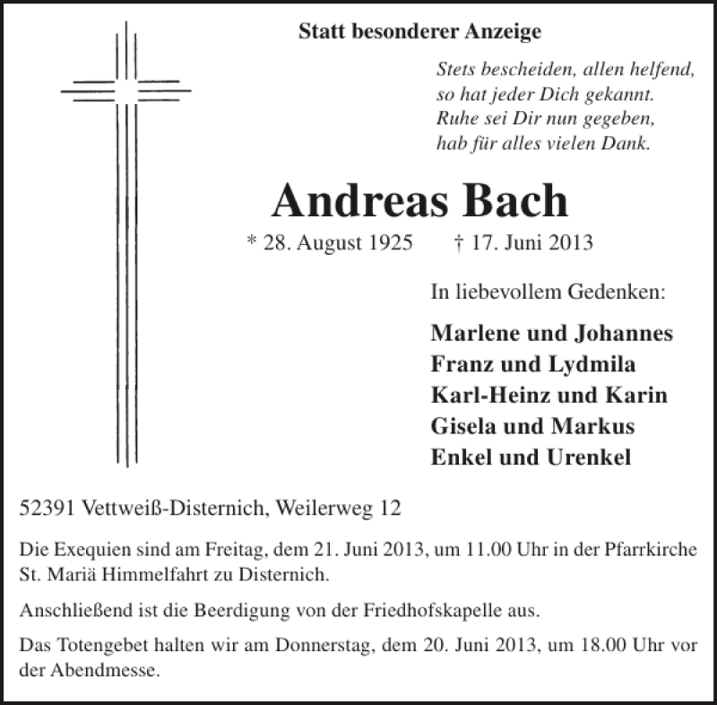  Traueranzeige für Andreas Bach vom 19.06.2013 aus WochenSpiegel