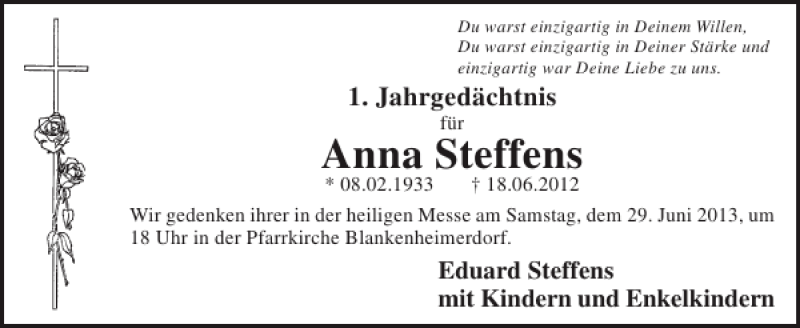  Traueranzeige für Anna Steffens vom 19.06.2013 aus WochenSpiegel