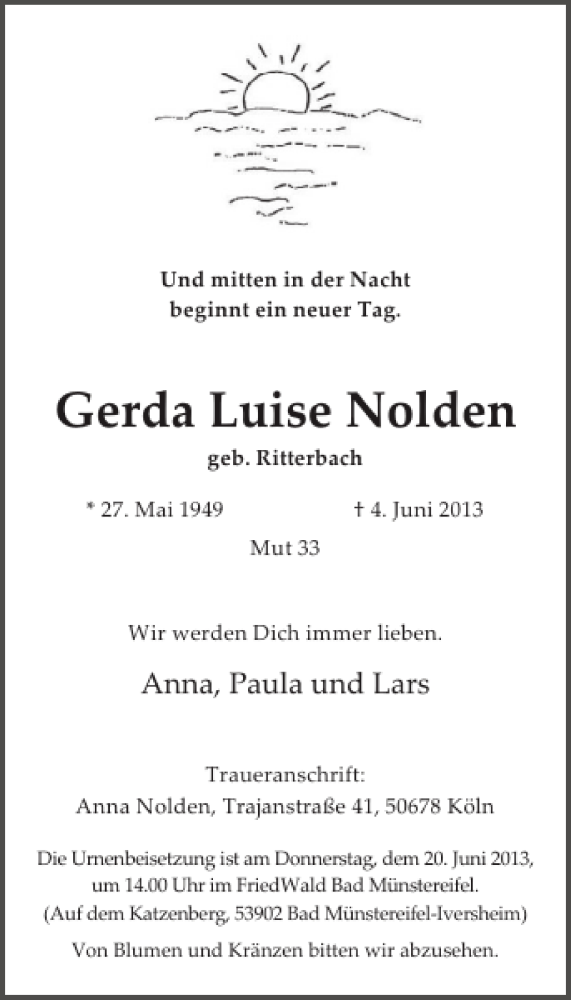 Traueranzeige für Gerda Luise Nolden vom 12.06.2013 aus WochenSpiegel