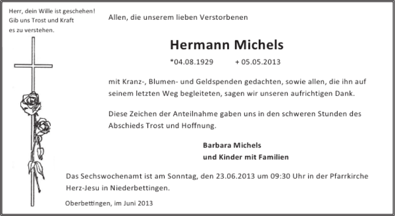  Traueranzeige für Hermann Michels Hermann Michels Hermann Michels  vom 19.06.2013 aus WochenSpiegel