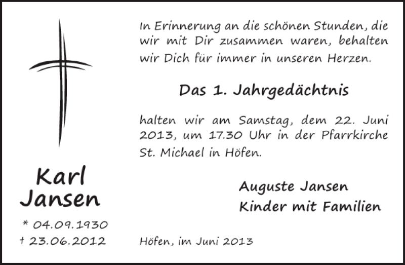  Traueranzeige für Karl Jansen vom 19.06.2013 aus WochenSpiegel