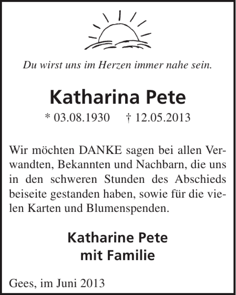  Traueranzeige für Katharina Pete vom 26.06.2013 aus WochenSpiegel