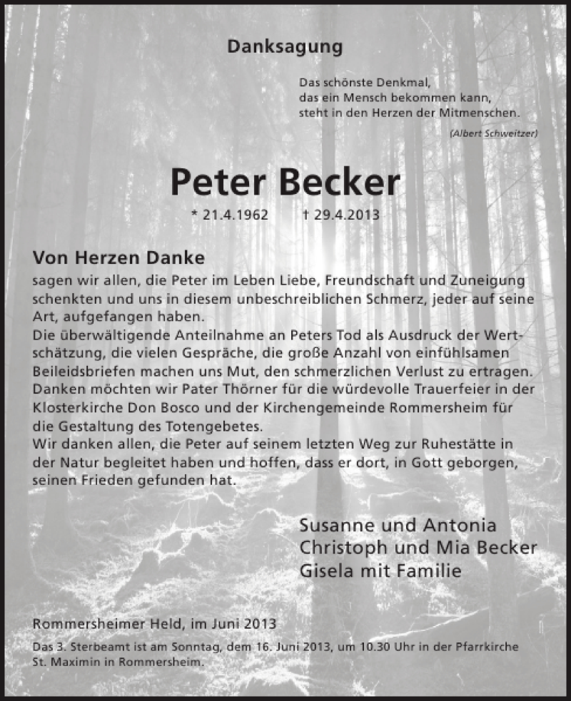  Traueranzeige für Peter Becker vom 12.06.2013 aus WochenSpiegel