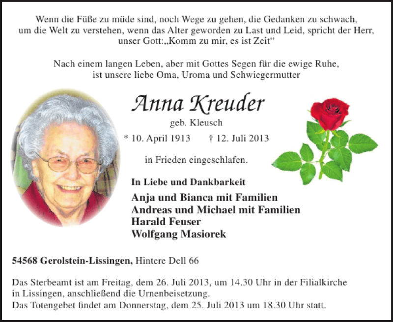  Traueranzeige für Anna Kreuder vom 17.07.2013 aus WochenSpiegel