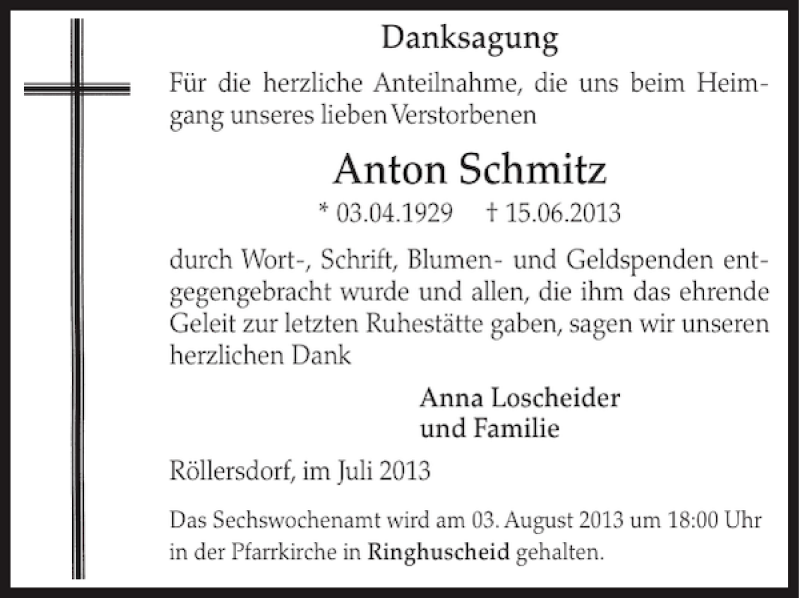  Traueranzeige für Anton Schmitz vom 31.07.2013 aus WochenSpiegel
