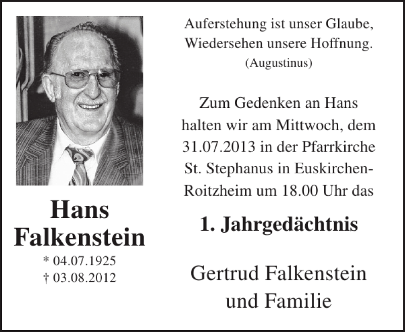  Traueranzeige für Hans Falkenstein vom 24.07.2013 aus WochenSpiegel