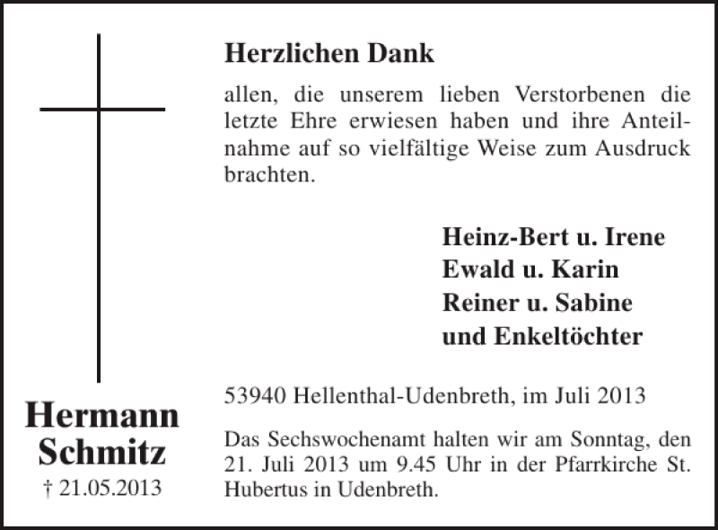 Traueranzeige für Hermann Schmitz vom 17.07.2013 aus WochenSpiegel