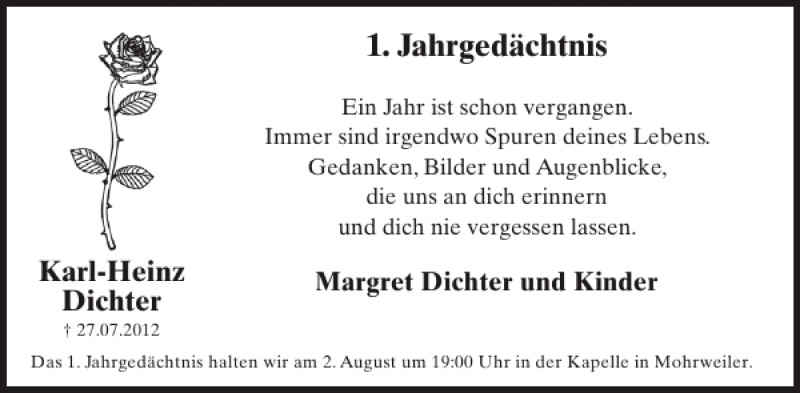  Traueranzeige für Jahrgedächtnis  vom 31.07.2013 aus WochenSpiegel