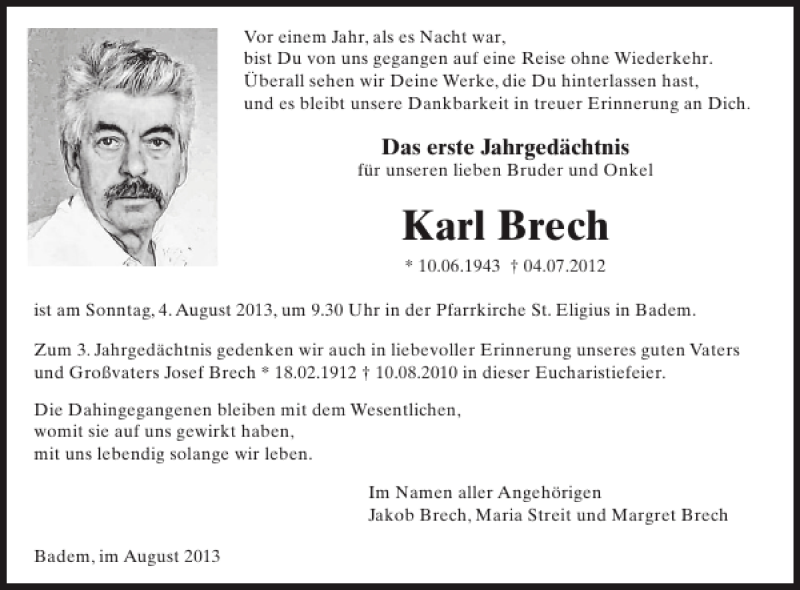  Traueranzeige für Karl Brech vom 31.07.2013 aus WochenSpiegel