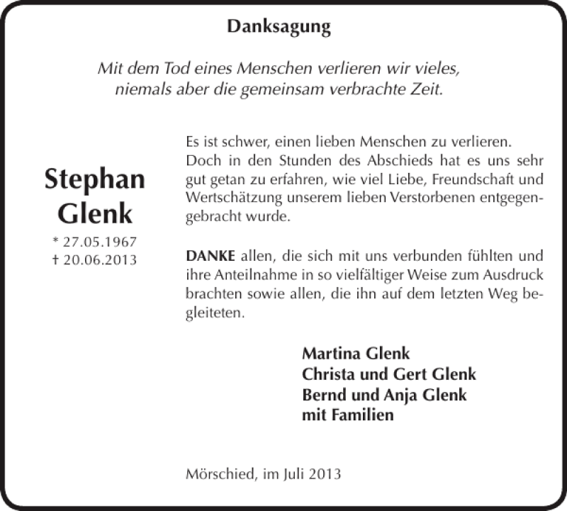  Traueranzeige für Stephan Glenk vom 17.07.2013 aus WochenSpiegel