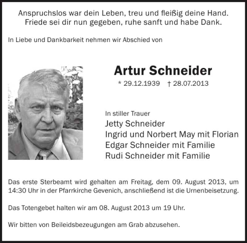  Traueranzeige für Artur Schneider vom 07.08.2013 aus WochenSpiegel