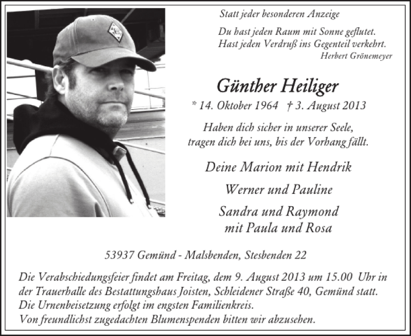  Traueranzeige für Günther Heiliger vom 07.08.2013 aus WochenSpiegel