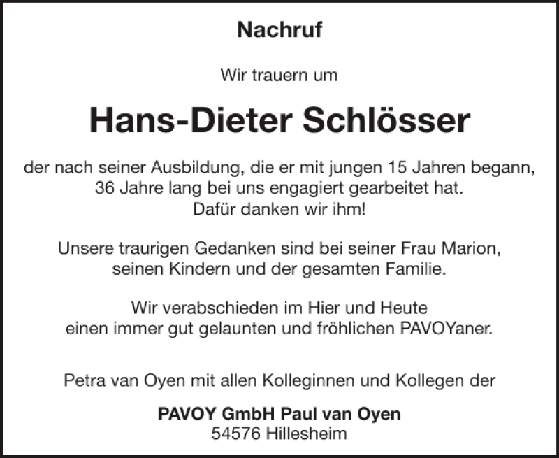  Traueranzeige für Hans-Dieter Schlösser vom 21.08.2013 aus WochenSpiegel