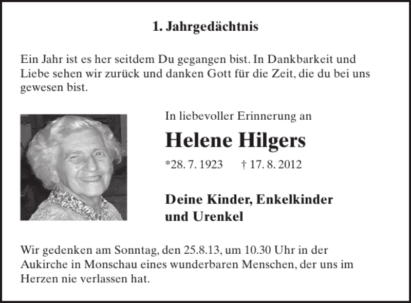  Traueranzeige für Helene Hilgers vom 21.08.2013 aus WochenSpiegel