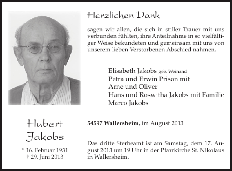  Traueranzeige für Hubert Jakobs vom 14.08.2013 aus WochenSpiegel