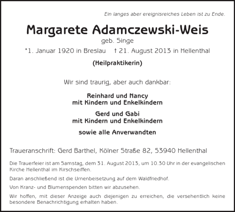 Traueranzeige für Margarete Adamczewski-Weis vom 28.08.2013 aus WochenSpiegel