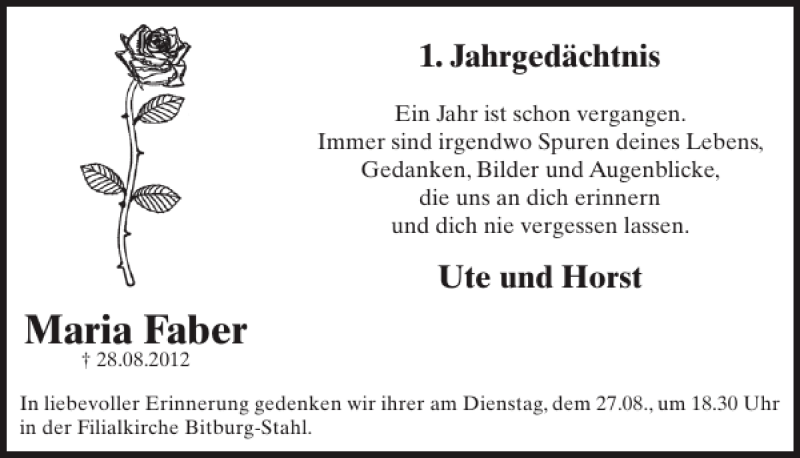  Traueranzeige für Maria Faber vom 21.08.2013 aus WochenSpiegel
