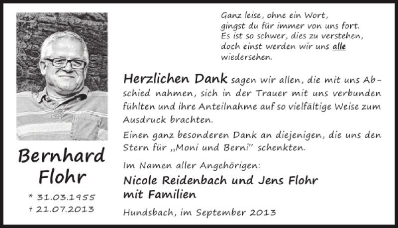  Traueranzeige für Bernhard Flohr vom 25.09.2013 aus WochenSpiegel