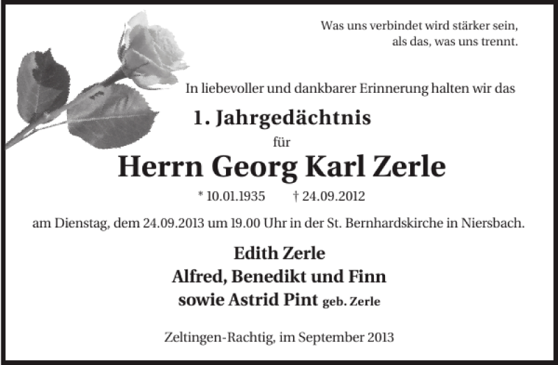  Traueranzeige für Georg Karl Zerle vom 18.09.2013 aus WochenSpiegel