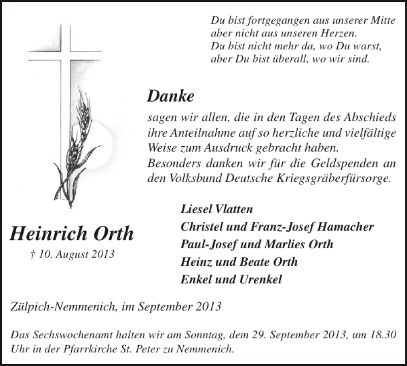  Traueranzeige für Heinrich Orth vom 18.09.2013 aus WochenSpiegel