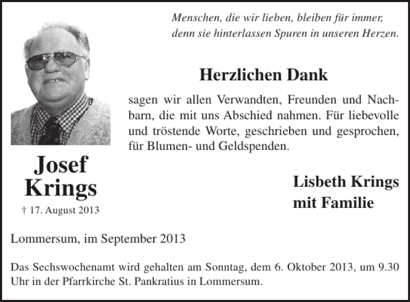  Traueranzeige für Josef Krings vom 25.09.2013 aus WochenSpiegel