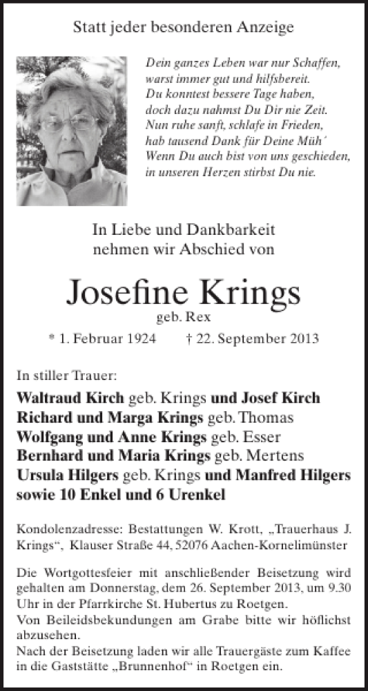  Traueranzeige für Josefine Krings vom 25.09.2013 aus WochenSpiegel