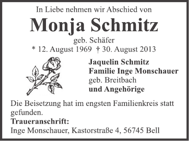  Traueranzeige für Monja Schmitz vom 11.09.2013 aus WochenSpiegel