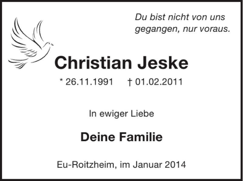  Traueranzeige für Christian Jeske vom 29.01.2014 aus WochenSpiegel