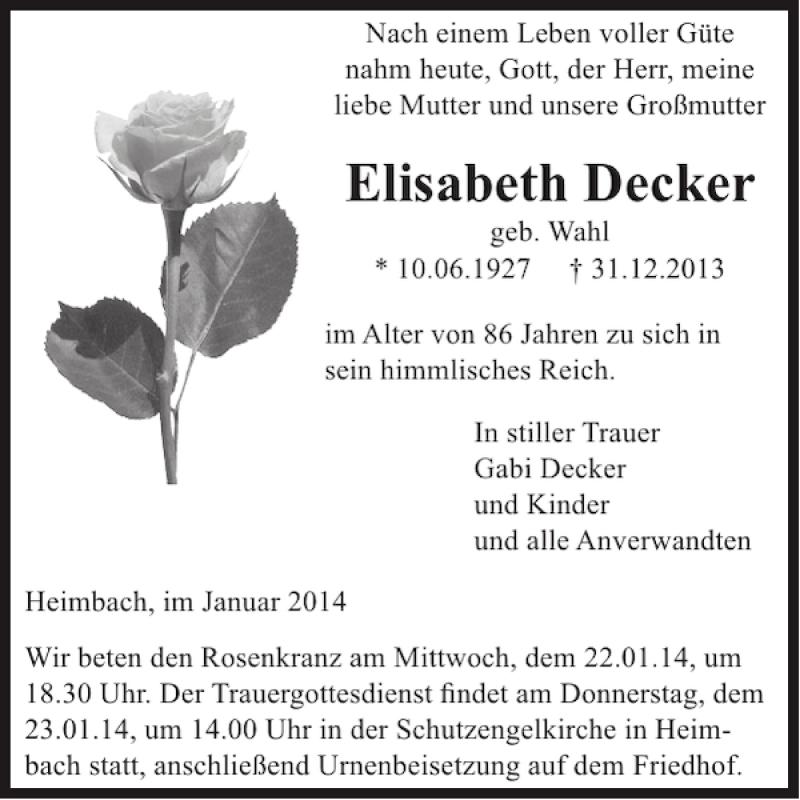  Traueranzeige für Elisabeth Decker vom 15.01.2014 aus WochenSpiegel