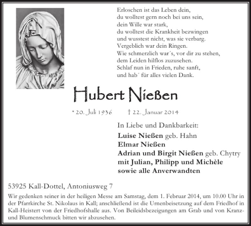  Traueranzeige für Hubert Nießen vom 29.01.2014 aus WochenSpiegel