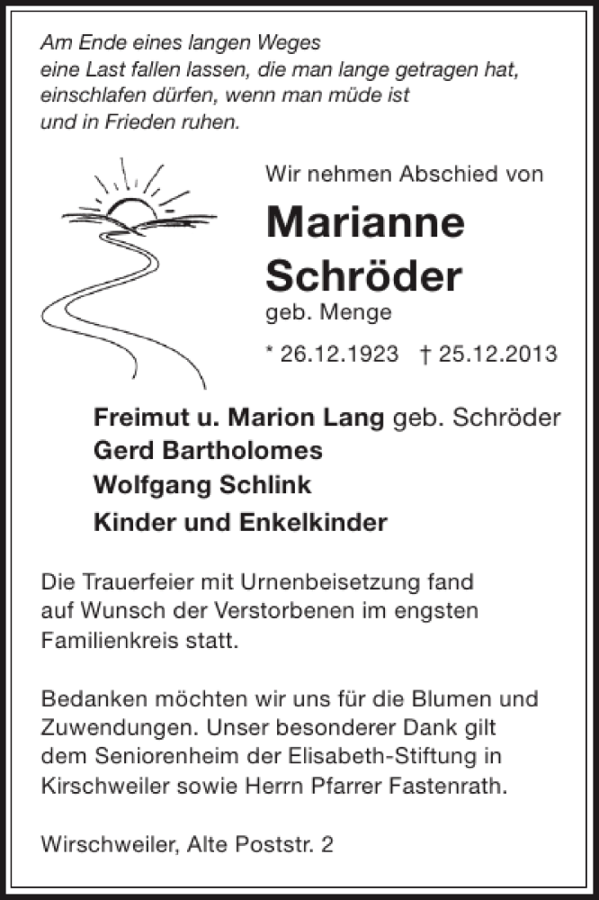  Traueranzeige für Marianne Schröder vom 15.01.2014 aus WochenSpiegel