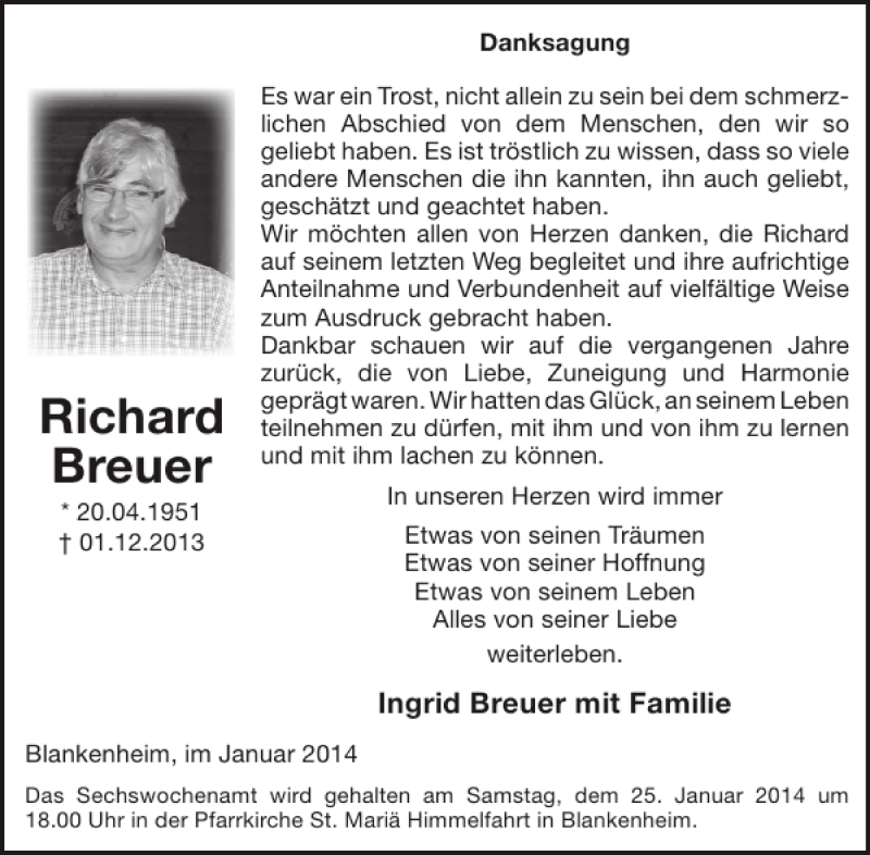  Traueranzeige für Richard Breuer vom 22.01.2014 aus WochenSpiegel