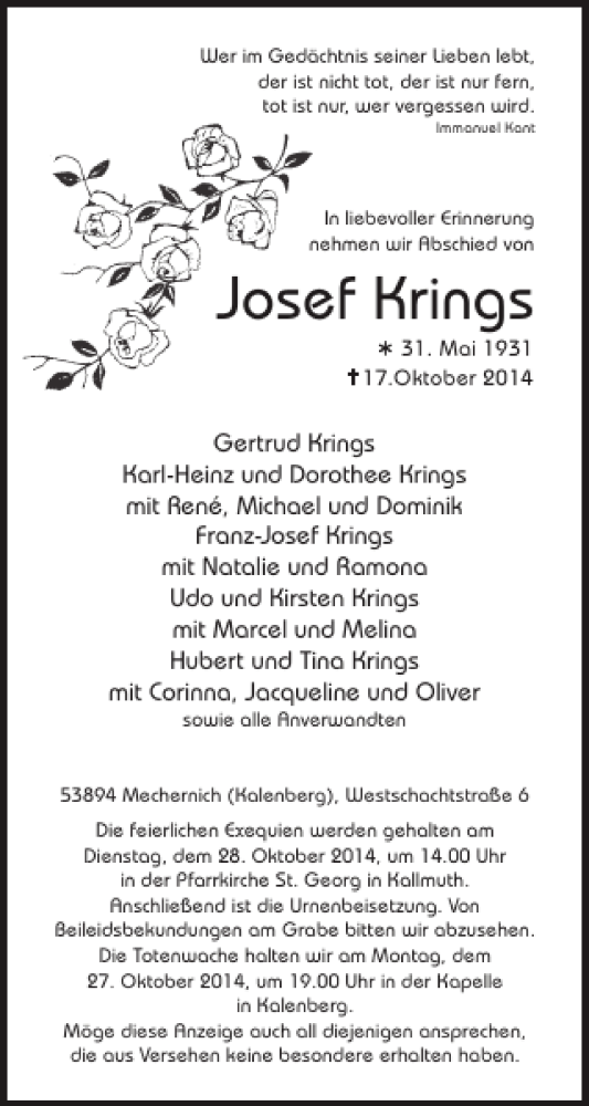  Traueranzeige für Josef Krings vom 22.10.2014 aus WochenSpiegel