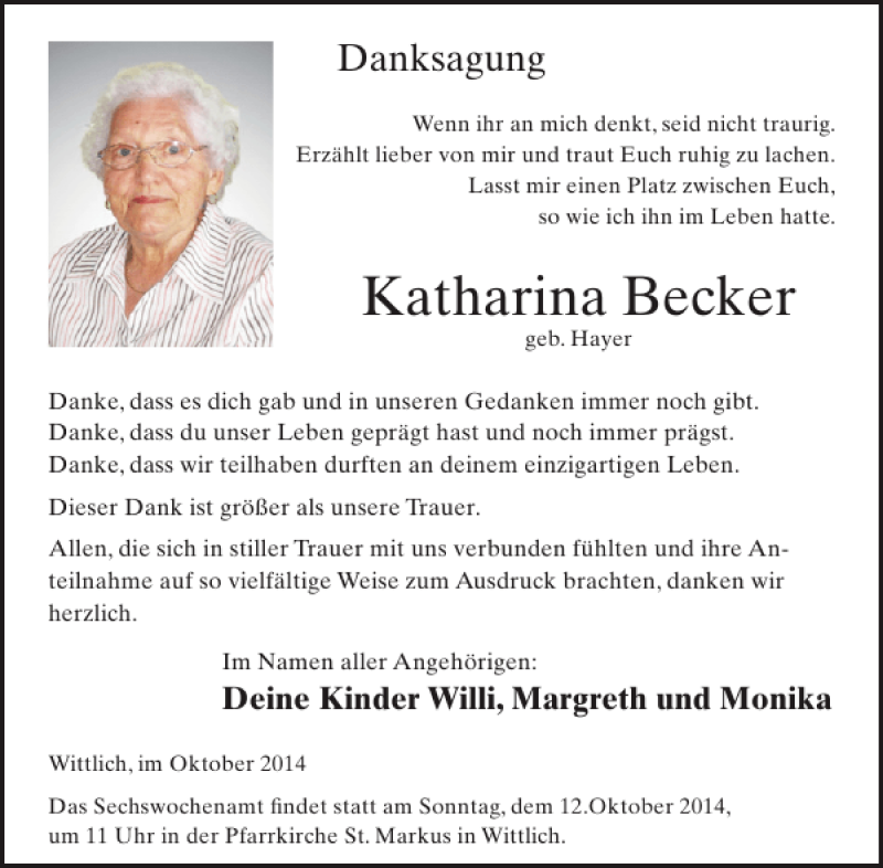 Traueranzeige für Katharina Becker vom 08.10.2014 aus WochenSpiegel