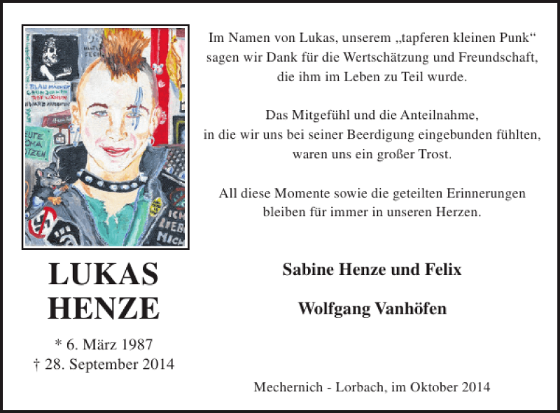  Traueranzeige für LUKAS HENZE vom 29.10.2014 aus WochenSpiegel