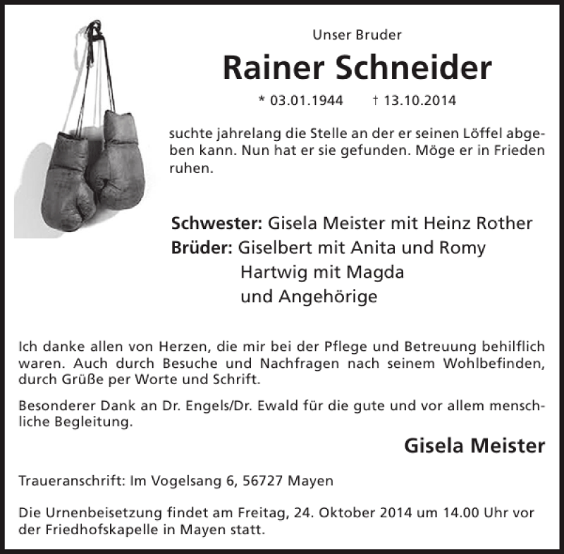  Traueranzeige für Rainer Schneider vom 22.10.2014 aus WochenSpiegel