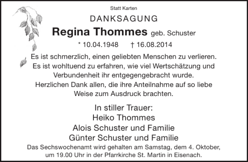 Traueranzeige für Regina Thommes vom 01.10.2014 aus WochenSpiegel
