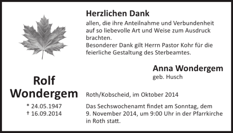  Traueranzeige für Rolf Wondergem vom 29.10.2014 aus WochenSpiegel