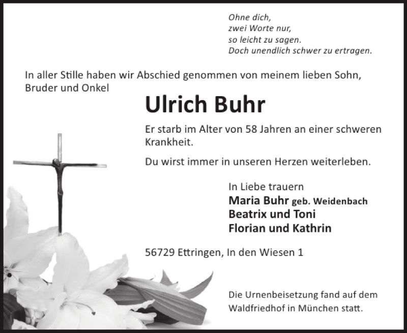  Traueranzeige für Ulrich Buhr vom 01.10.2014 aus WochenSpiegel