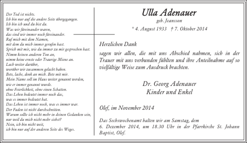  Traueranzeige für Dr. Georg Adenauer Kinder und vom 26.11.2014 aus WochenSpiegel
