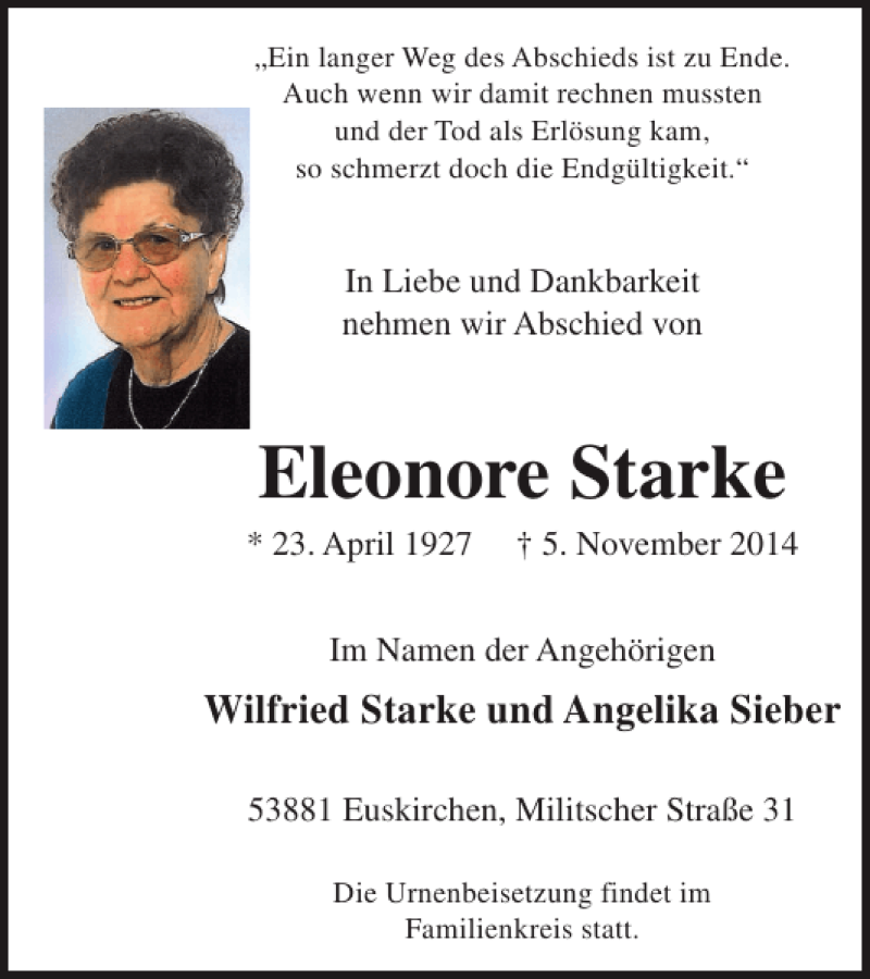  Traueranzeige für Eleonore Starke vom 12.11.2014 aus WochenSpiegel