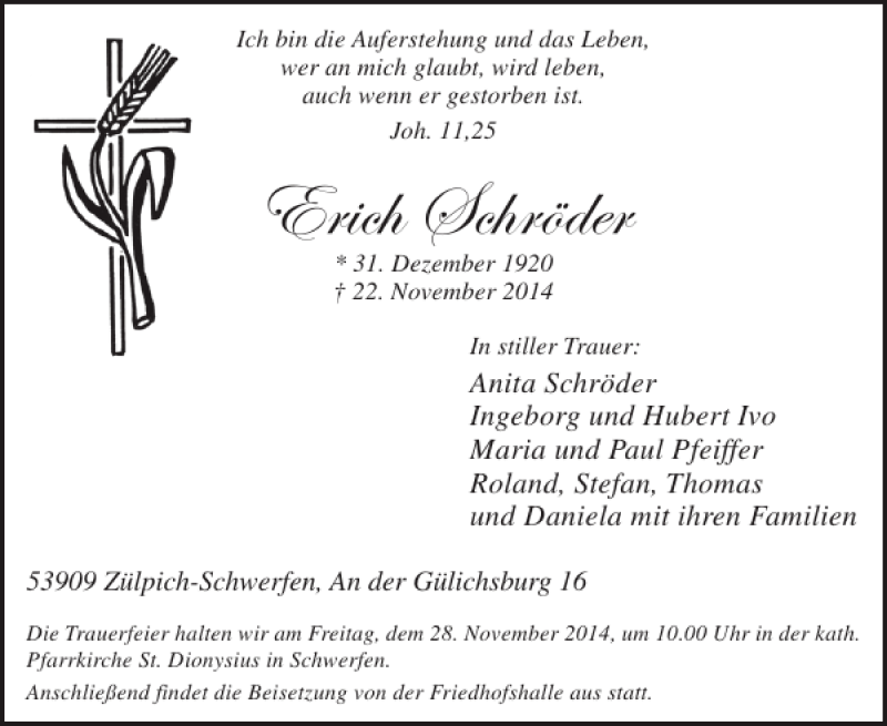  Traueranzeige für Erich Schröder vom 26.11.2014 aus WochenSpiegel